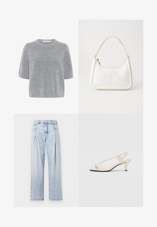 Pelēks īsām piedurknēm džemperis, izgatavots no mīkstas, teksturētas auduma, ar apaļu izgriezumu un brīvu piegriezumu. Viegls un daudzfunkcionāls dizains.; Gaiši zilas džinsu bikses ar augstu jostasvietu, plats kāju griezumu, divām sānu kabatām un krokotā dizaina akcentiem. Mīksta tekstūra ar izdilušu apdari.; Beige bloku papēžu sandales ar plānām siksnām un kvadrāta formas purngalu. Gluda materiāla virsma ar minimālām detaļām, paredzētas ērtai nēsāšanai.; Balta ādas rokassoma ar noapaļotu formu, uz kuras priekšpuses ir izgriezts "CK" logo un viena plecu siksna. Augšā aizverama ar rāvējslēdzēju.