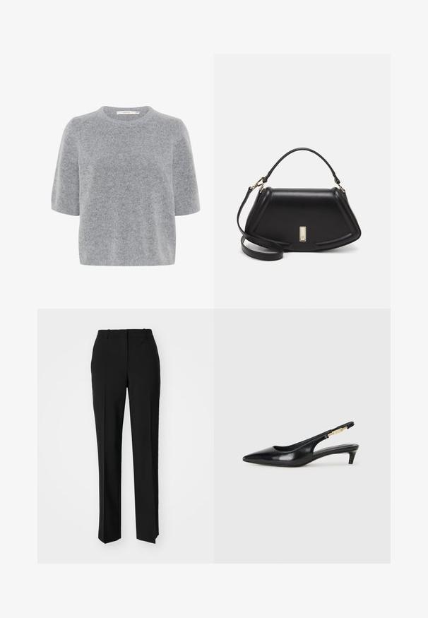 Gray short-sleeve sweater made of soft, textured fabric with a round neckline and a relaxed fit. Lightweight and versatile design.; Black tailored trousers with a straight-leg design, featuring a smooth texture and crisp creases along the front. No visible hardware.; Black leather slingback heels with a pointed toe, featuring a slim heel and a gold-tone accent on the adjustable strap. Smooth texture.; Black leather handbag with a structured design, featuring a cropped shape, top handle, and gold hardware accent. Adjustable shoulder strap included.