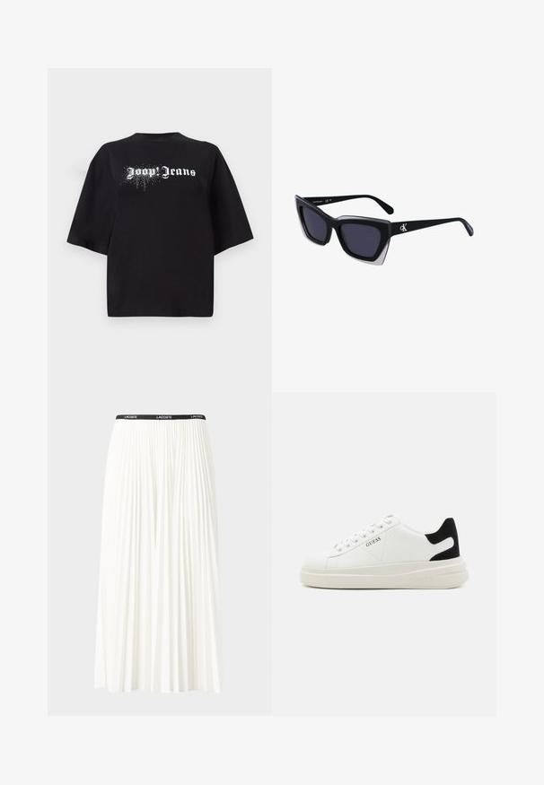 T-shirt preta oversized em algodão, com mangas curtas e um gráfico frontal com o texto branco "Joop Jeans" e detalhes brilhantes.; Saia plissada branca com uma cintura elástica preta que apresenta o logótipo "LACOSTE". Design de comprimento médio com textura suave.; Sapatilhas brancas de couro com uma sola branca espessa, detalhe em camurça preta no calcanhar e logótipo em relevo na lateral. Design com atacadores e seis ilhós.; Óculos de sol oversized pretos com forma geométrica, apresentando lentes escuras e um detalhe cinza em contraste na armação. Logotipo na haste.