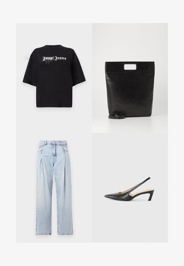 Must tumed T-särk, mis on valmistatud puuvillast, lühikeste varrukatega ning esiosas on graafika valgete tähtedega "Joop Jeans" ja sädelevate detailidega.; Heledad sinise denimist valmistatud teksapüksid kõrge vöökohaga, laia jala lõikega, kahe külje taskuga ja pleedi disainiga. Pehme tekstuur ja pleekinud viimistlus.; Must mustaga, terav varvas, madala kontsaga sildiga king, mis on valmistatud siledast nahast ja mille küljel on lõike disain hingavuse tagamiseks.; Must mustrikotest läikega must nahast kott ruudukujulise käepidemega, millel on tekstuuriga viimistlus ja reljeefne logo. Kohandatav rihm on eemaldatav.