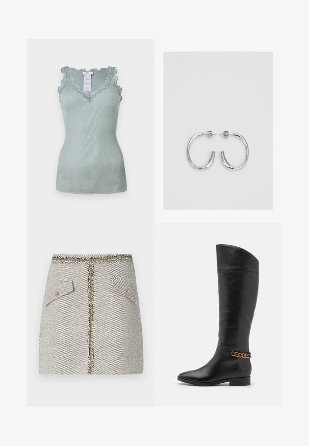 Triibulise helesinine tank-top, millel on laineline pitsist kaunistatud kaelus ja rihmad. Kangas on veniv ja sileda tekstuuriga. Silt on nähtav sees.; Kootud tweed seelik valge ja musta kalascrossi mustriga, millel on kaks esimest taskut ja kuldne tõmblukk seljal, mille servad on frantsiisitud.; Kõrged mustad nahast saapad, millel on stiilne disain, terav nina ja kuldne kett aktsent pahkluul. Madal plokk-konts. Sile tekstuur.; Hõbedast rõngaskõrvarõngad sileda ja läikiva pinnaga, kõveriku kujuga ning postitaksega sulgur. Minimalistlik disain kaasaegse viimistlusega.