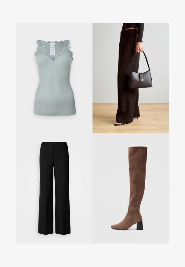 Ribēta gaismas zilā krāsā bez piedurknēm topiņš ar viļņotu mežģīņu apdari apkaklē un plecu siksnām. Audums ir stiepjas un tam ir gluda tekstūra. Uzlīme redzama iekšpusē.; Melni plati bikses ar gludu audumu, piedāvājot augstu jostasvietu, pielāgotas šuves un minimālistisku dizainu. Nav redzamu piederumu vai kabatu.; Brūni virsceļgala zābaki, kas izgatavoti no mīkstas zamša, ar iegarenu pirkstu un masīlu melnu papēdi. Dizains ietver bezšuvju šuvju, lai radītu elegantu izskatu.; Melnā somiņa ar strukturētu formu, gludu tekstūru un metālu sprādzi. Saskaņota ar platām melnām biksēm un sandālēm ar atvērtu purngalu uz koka grīdas.