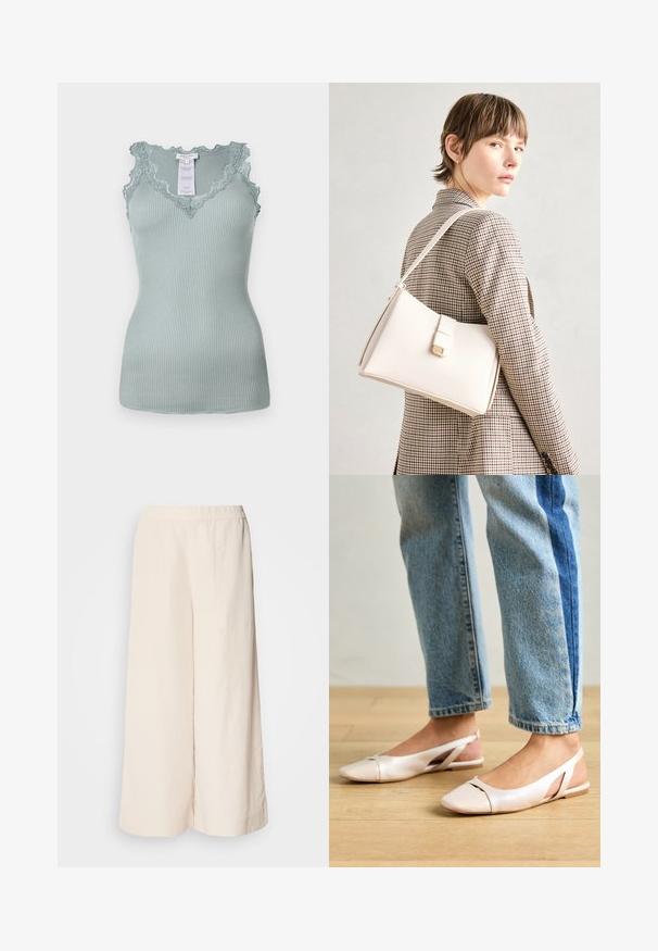 Ribota šviesiai mėlyna palaidinė be rankovių su skeltuko nėriniu apipjaustyta kaklo linija ir petnešomis. Medžiaga yra tampri, su lygaus paviršiaus tekstūra. Etiketė matoma viduje.; Kreminės plačios kelnės su elastinga juosta, pasižyminčios laisva prigludimo ir lygiu paviršiumi, tinkamos kasdieniam dėvėjimui.; Šviesiai rožiniai slingback baleto bateliai su smailiu pirštu, pagaminti iš lygios odai panašios medžiagos. Yra išpjovimų detalės šonuose ir plokščias kulnas.; Balto odos rankinė su struktūrizuotu dizainu, turinti magnetinį užsegimą ir petnešą, demonstruojama prieš neutralią foną.