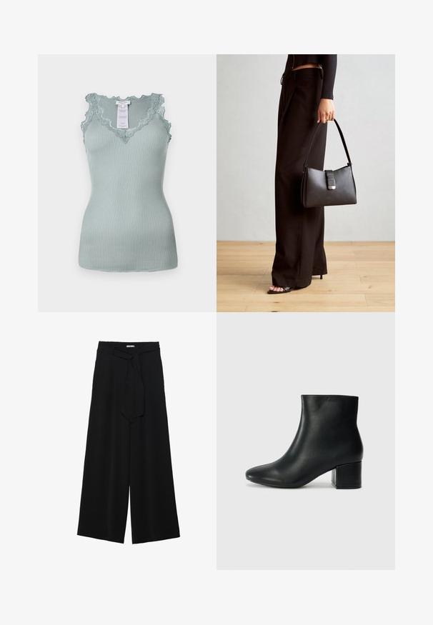 Triibulise helesinine tank-top, millel on laineline pitsist kaunistatud kaelus ja rihmad. Kangas on veniv ja sileda tekstuuriga. Silt on nähtav sees.; Mustad laiad püksid, millel on tekstureeritud kangas, elastne vöökoht ja eemaldatav pael vööst, et reguleerida sobivust.; Mustad nahast pahkluu saapad terava varbaga ja jämeda kandaga. Sile tekstuur minimaalse aktsentidega ja stiilne, lihvitud disain.; Must musta kott, millel on struktureeritud kuju, sile tekstuur ja metallist klamber. Kombineeritud laiate mustade pükstega ja avatud varvaste sandaalidega puidust põrandal.
