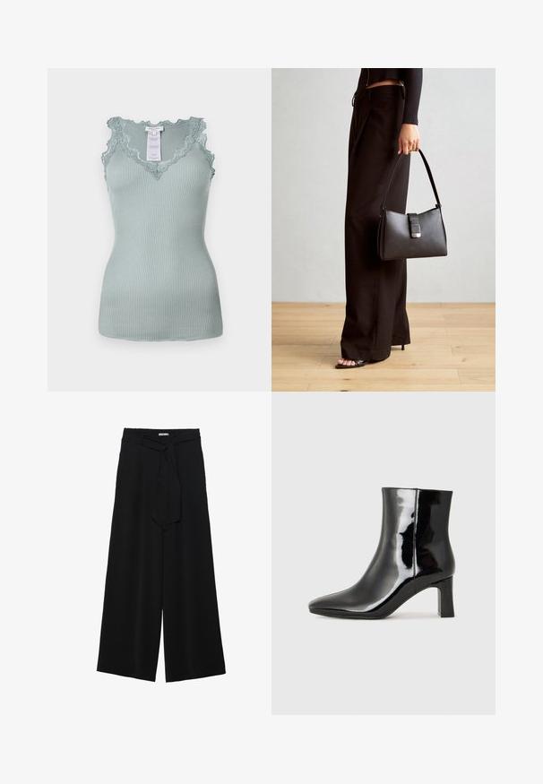 Ribbed light teal tank top with a scalloped lace-trimmed neckline and straps. The fabric is stretchable with a smooth texture. Tag visible inside.; Black wide-leg pants featuring a textured fabric, an elastic waistband, and a detachable sash tie at the waist for adjustable fit.; Black patent leather ankle boot with a pointed toe and a mid-height block heel. Smooth texture and minimalist design.; Black handbag with structured shape, smooth texture, and a metallic clasp. Paired with wide black pants and open-toe sandals on wooden floor.