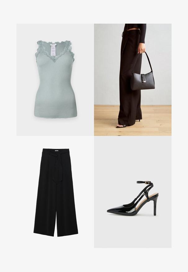 Valkoinen vaaleansininen ribbitekstuuriin ommeltu hihaton paita, jossa on särmäreunainen pitsikuviointi kauluksessa ja olkaimissa. Kangas on joustavaa ja sileää. Tagi näkyvissä sisäpuolella.; Mustat leveät housut, joissa on teksturoitu kangas, joustava vyötärö ja irrotettava nauha vyötäröllä säädettävää istuvuutta varten.; Mustat lakatut korkokengät, joissa on avonaiset sivut, säätömahdollisuus nilkkahihnassa ja teräväkärkinen muoto. Suora pinta.; Musta käsilaukku, jossa on rakenteellinen muoto, sileä pinta ja metallinen solki. Yhdistetty leveisiin mustiin housuihin ja avonaiheisiin sandaaleihin puulattialla.