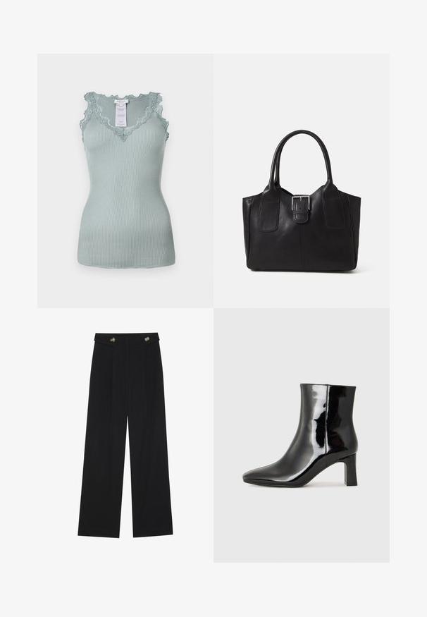 Ribbade ljus teal linne med en scalloped spetskantad halsringning och axelremmar. Tyget är elastiskt med en mjuk textur. Tagg synlig inuti.; Svarta vida byxor med hög midja, knäppdetaljer i midjan och framfickor.; Svart lackläder ankelboot med spetsig tå och en medelhög klack. Slät textur och minimalistisk design.; Svart läder tote-väska med slät yta, strukturerad form, två handtag och en framträdande silverfärgad spänne på framsidan.