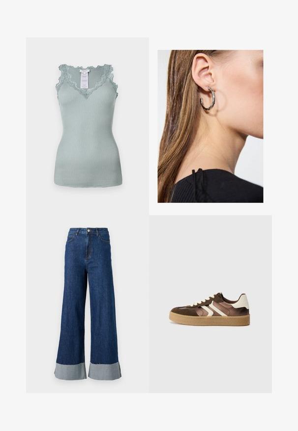 Ribbet lys teal tank topp med en bølget blondekantet utringning og stropper. Stoffet er elastisk med en glatt tekstur. Merke synlig inni.; Bredde ben denim bukser med en mørkeblå vask, med en kontrasterende lyseblå mansjett og klassisk femlommersdesign.; Brune og kremfargede joggesko i en kombinasjon av semsket lær og satengmaterialer, med tre skrå striper og en teksturert gummisåle.; Sølv ringøredob med en polert finish, med små gull detaljer og en rund form, båret på øreflippen.