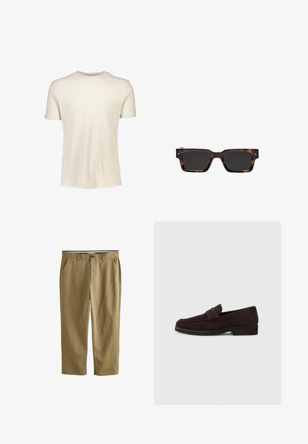Koszulka z krótkim rękawem w jasnym beżu, wykonana z miękkiej bawełny. Posiada okrągły dekolt i gładką fakturę, bez wzorów ani grafik.; Khaki chinos wykonane z mieszanki bawełny, z dwiema kieszeniami bocznymi, zapięciem na guzik, prostymi nogawkami i gładką teksturą.; Brązowe zamszowe mokasyny o niskim profilu i zaokrąglonym nosie. Posiadają ozdobny pasek na górze, płaską gumową podeszwę i brak widocznych szwów.; Massimo Dutti - Okulary przeciwsłoneczne; Brązowa skórzana torba na ramię z teksturowaną klapą, wyposażona w długi, regulowany pasek oraz widoczne przeszycia. Gładkie, matowe wykończenie.