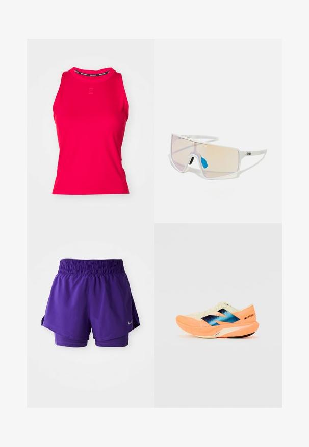 Rotes Sporttanktop mit gerippter Textur, rundem Halsausschnitt und subtiler Logo-Platzierung auf der Vorderseite. Verfügt über ein schwarzes, markiertes Innenschild am Hals.; Lila doppellagige Laufshorts mit elastischem Bund und kleinem silbernen Nike-Swoosh am unteren linken Saum.; Laufschuh mit einem leichten cremefarbenen Obermaterial, blauer Markenkennung und orangefarbenen Akzenten an der Sohle. Mesh-Struktur für Atmungsaktivität.; Weiß gerahmte Sonnenbrillen mit großen, verlaufenden Gläsern, die von einem rosa bis hellorange Farbverlauf reichen, akzentuiert durch ein blaues Nasenstück und ein Logo-Detail.