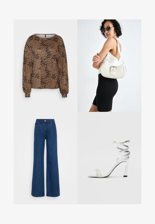 Brun langermet genser med svart leopardmønster, vid halskant og elastiske mansjetter. Mykt, teksturert stoff med avslappet passform.; Bredde ben jeans i blå denim med høy midje, frontlås med knapp og glidelås, samt front- og baklommer mot en ensfarget bakgrunn.; Sølv høyhælte sandaler med et glitrende stroppdesign, som har en perle-lignende akcent og en spiralformet ankelstropp for sikker passform.; Hvit lær håndveske med en buet form, justerbar stropp og en liten spenne-detalj. Modellen har på seg en tettsittende svart antrekk.