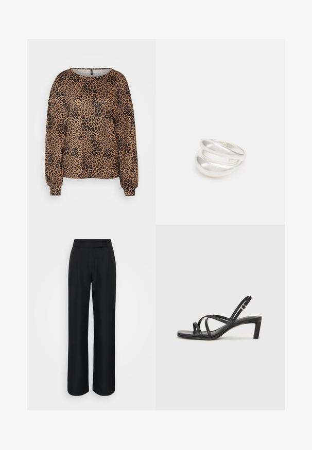Brown long-sleeve sweater featuring a black leopard print, wide neckline, and elasticized cuffs. Soft, textured fabric with a relaxed fit.; Black wide-leg trousers made from a smooth fabric, featuring a high waist and subtle front pleats; no visible patterns or hardware.; Black strappy sandal with a square toe and a low block heel. Features multiple thin straps and an adjustable ankle strap. Made of smooth leather.; Silver double-band ring with a smooth, polished surface. Features a fluid, curved design with overlapping sections for a modern look.