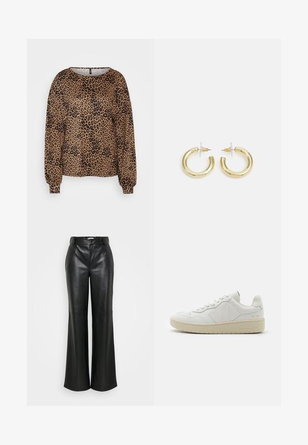 Brown long-sleeve sweater featuring a black leopard print, wide neckline, and elasticized cuffs. Soft, textured fabric with a relaxed fit.; ONLY Tall ONLSMOOTH WIDE - Trousers - black; White leather sneakers with perforated toe box, contrasting beige rubber sole, and logo accents on the side and heel. Minimalist design.; Gold hoop earrings with a smooth, shiny finish. Circular design featuring a small post and clear backing for secure wear.