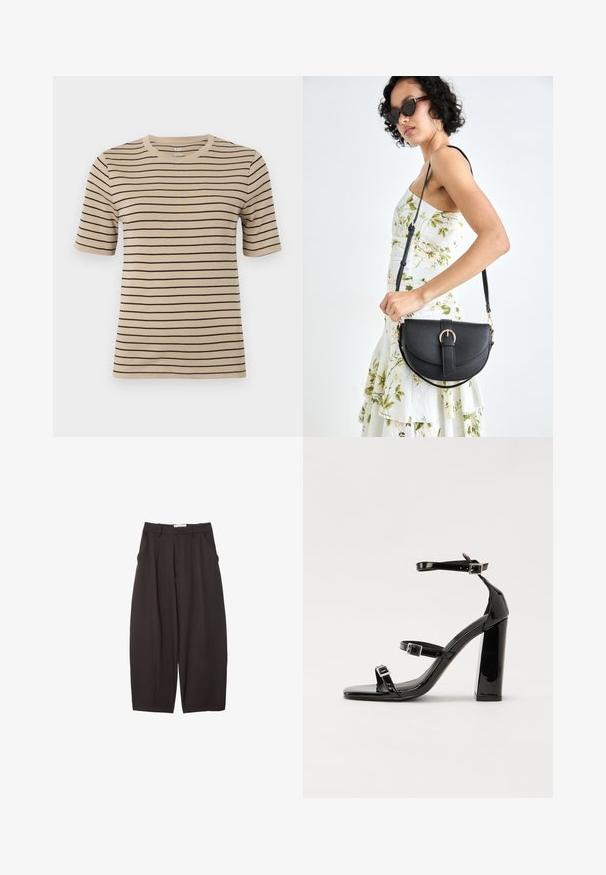 Beige short-sleeve t-shirt with black horizontal stripes. Features a round neck and a soft, smooth texture.; Black wide-leg trousers made from a smooth fabric, featuring a high waist, front pleats, and side pockets. Simple design without embellishments.; Black patent high-heeled sandals with two buckle straps, square toe, and a chunky block heel, featuring a smooth, glossy texture.; Black leather handbag with a curved shape, detachable strap, and gold hardware. The bag features a flap with a buckle detail.