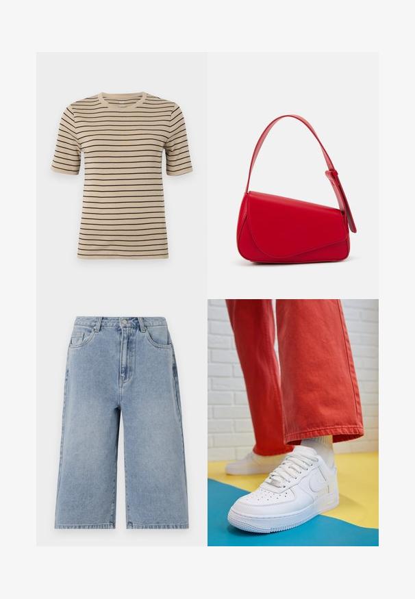 Bežna majica s kratkimi rokavi s črnimi horizontalnimi črtami. Ima okroglo ovratnico in mehko, gladko teksturo.; Svijetloplave traper šorts hlače s slobodnim krojem, srednje visoki struk i vidljivim šavovima. Imaju bočne i stražnje džepove, te kopčanje na dugme.; Beli usnjeni športni čevlji s perforiranim prstnim delom, teksturiranim podplatom in belimi vezalkami, v kombinaciji s širokimi rdečimi hlačami in modro-rumeno ozadje.; Rdeča usnjena torba z angularnim, geometrijskim dizajnom. Ima en samostoječ nastavljiv ročaj in pokrov, zaprt z zapiranjem, ki je okrašen s šivi.