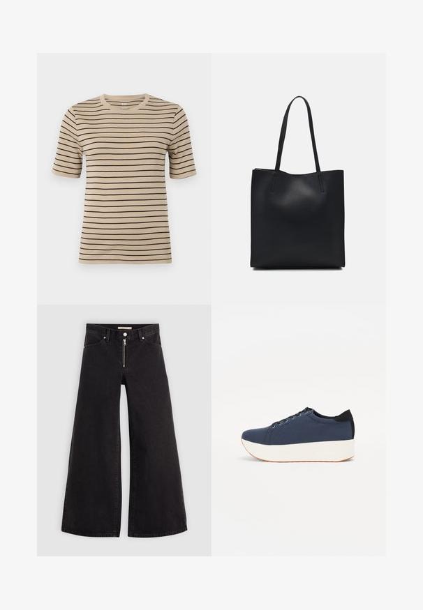Beige t-shirt met korte mouwen en zwarte horizontale strepen. Beschikt over een ronde hals en een zachte, gladde textuur.; Wijdvallende jeans van zwarte denim met een ritssluiting aan de voorkant, vijf zakken en subtiele stikdetails. Soepele textuur en casual stijl.; Marineblauwe sneaker met een textuurstof bovenwerk, witte platformzool, ronde neus en zwart hakaccent. Voorzien van zes gaatjes voor veters.; Zwarte leren handtas met een gladde textuur, rechthoekige vorm en twee lange handvaten. Geen zichtbare hardware of versieringen.