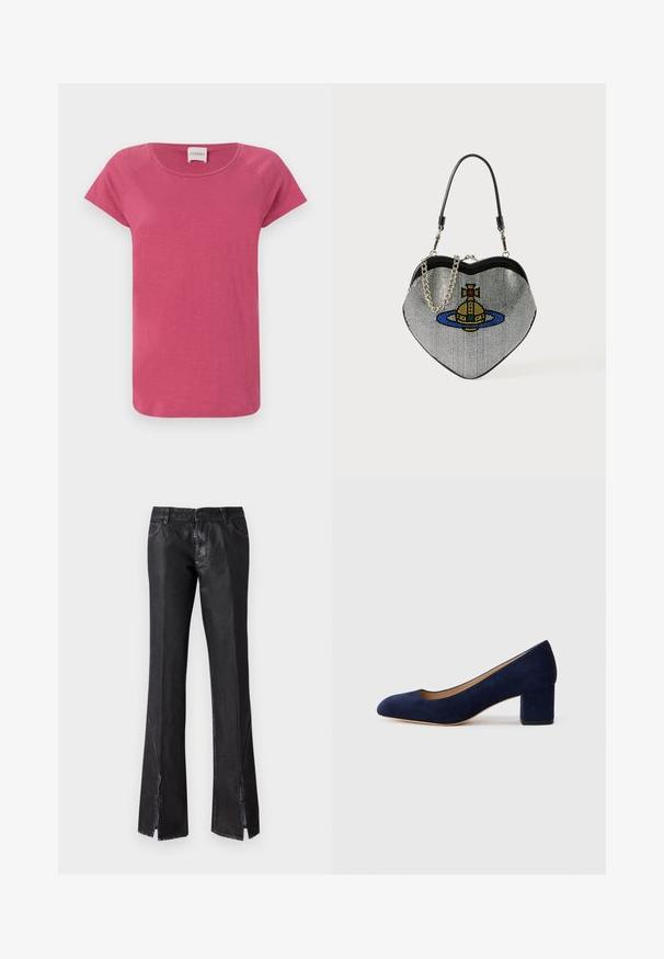 T-shirt rosa de manga curta com decote redondo, feito de um tecido macio, apresentando mangas raglan e um corte descontraído.; Calças pretas em corte flared com um acabamento brilhante, apresentando dois bolsos frontais e fendas perto da bainha, feitas de um tecido durável.; Salgados de camurça azul-marinho com bico fino e um salto quadrado de altura média. Textura suave com um ligeiro brilho e um pequeno corte na parte da frente.; Bolsa em forma de coração feita de rede com um acabamento metálico, apresentando um design de gato e planeta em azul, amarelo e vermelho. Inclui uma alça em corrente.