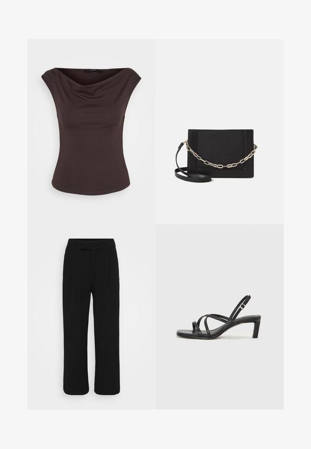 Rinnatu tumedast pruunist materjalist top ilma varrukateta, millel on volditud kaelus valgel taustal.; Mustad laiad püksid, mis on valmistatud siledast kangast, sirge esiotsaga, vööloopide ja nähtamatute taskuteta. Puhtad, vormikohased jooned.; Mustast rihmajalatsid ruudukujulise varba ja madala ploki kontsaga. Omab mitmeid õhukesi rihmasid ja reguleeritavat pahkluu rihma. Valmistatud siledast nahast.; Mustast nahast õlakott, mis omab siledat tekstuuri, ristküliku kuju ning esiküljel metallketi detaili. Reguleeritav rihm on kaasas.