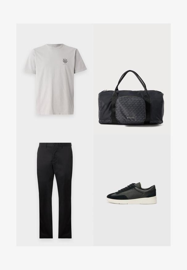 Siva bombažna majica s kratkimi rokavi, ki ima majhen temen grafični dizajn na levem prsnem delu. Klasičen kroj s krožnim izrezom.; Črne bombažne hlače ravnega kroja z zapiranjem na gumb spredaj in stranskimi žepi, gladka tekstura, brez vidnih vzorcev.; Nizke športne čevlje, ki združujejo črno usnje z žametno teksturo in usnje z teksturo, bele gumijaste podplate in črne vezalke. Diskretno blagovno znamko na strani.; Črna torba za šport Michael Kors z dvema ročajema, sprednji žep na zadrgo z ponovljenim vzorcem MK logotipa in blagovno znamko Michael Kors.