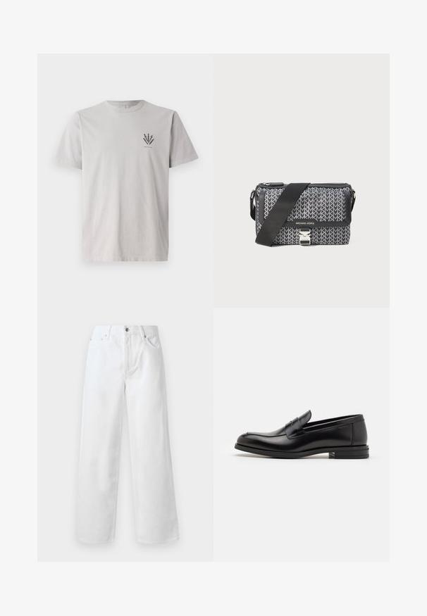 T-shirt en coton gris à manches courtes, comportant un petit motif graphique sombre sur la zone gauche de la poitrine. Style classique à encolure ronde.; rag & bone BAGGY - Jean baggy - white; Mocassins en cuir noir avec une texture lisse, bout rond et une sangle décorative sur le dessus. Talon bas empilé, design minimaliste.; Sac bandoulière à motifs noir et gris avec un design géométrique, fermeture zippée et accent en métal argenté. Sangle ajustable incluse.