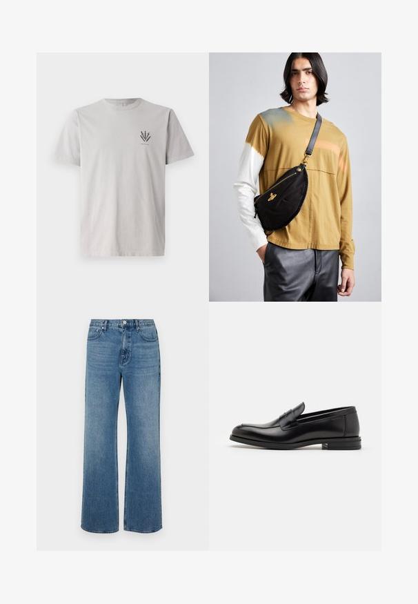 Šedé bavlnené tričko s krátkymi rukávmi, s malým tmavým grafickým dizajnom na ľavej strane hrude. Klasický strih s okrúhlym výstrihom.; Džínsy s širokými nohavicami vo farbe modrej, vyrobené z denimovej látky s vyblednutým vzhľadom. Obsahujú päť vreciek, predné zapínanie na gombík a rovný strih.; Čierne kožené mokasíny s hladkou textúrou, zaoblenou špičkou a dekoračným pásikom cez priehlavok. Nízky vrstvený opätok, minimalistický dizajn.; Vivienne Westwood CITY BUMBAG UNISEX - Ľadvinka - black