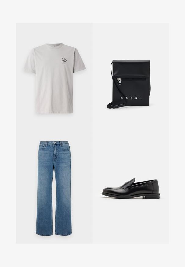 Siva bombažna majica s kratkimi rokavi, ki ima majhen temen grafični dizajn na levem prsnem delu. Klasičen kroj s krožnim izrezom.; Modri široki jeans iz denima z izbledelim zaključkom. Imajo pet žepov, sprednje zapiranje na gumb in ravno krojenje.; Črne usnjene loafer čevlje z gladko teksturo, zaobljenim nosom in dekorativnim trakom čez zgornji del. Nizka zložena peta, minimalističen dizajn.; Črna usnjena torbica preko telesa z zadrgo na sprednjem žepu, embosiranim logotipom in nastavljivim trakom. Gladka tekstura z urejeno obliko.