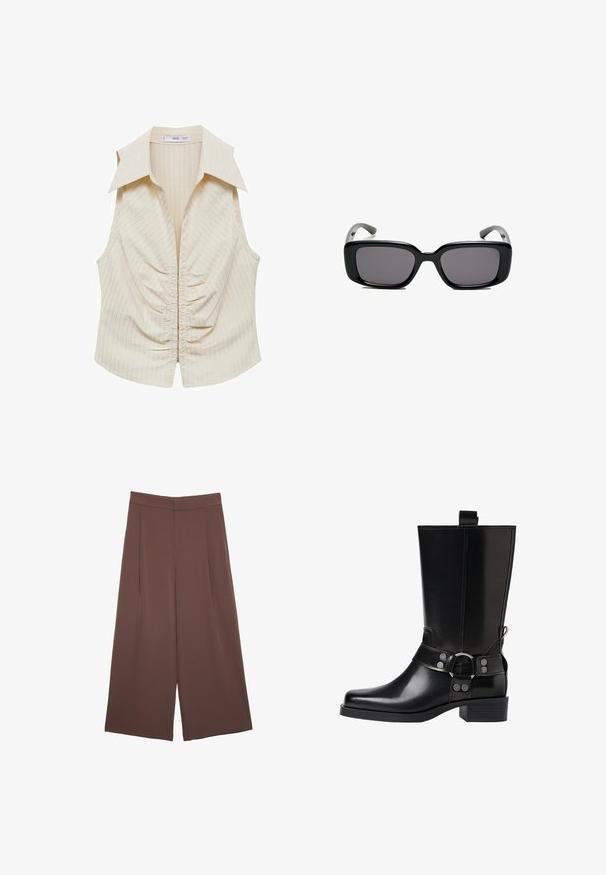 Blusa senza maniche crema con colletto a punta, motivo a righe verticali e tessuto arricciato sulla parte anteriore, con un leggero lucido.; Pantaloni ampi marroni con una texture liscia, caratterizzati da una vita alta e pieghe frontali. Il tessuto è leggero e scorre liberamente.; Stivale in pelle nera alto fino al ginocchio con punta affusolata, dettagli in argento e tacco largo. Presenta un inserto per facilitare l'indossamento.; Occhiali da sole neri rettangolari con lenti scure, montatura in plastica liscia e tempie curve. Il design è voluminoso con un'estetica minimalista.