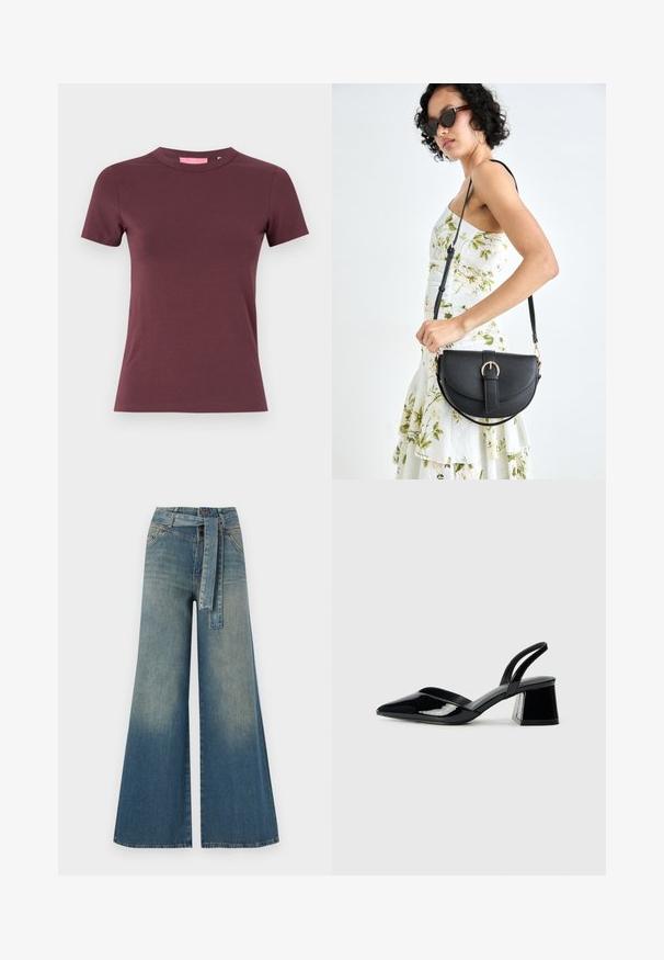 JJXX GIGI TEE - T-shirt basic - sassafras; Pantaloni in denim a gamba larga con una sfumatura che va dal blu chiaro al blu scuro, vita alta, passanti per cintura e una cintura in tessuto coordinato. Finitura in denim strutturato.; Décolleté in vernice nera con punta affusolata e tacco in geometria cubica. Presentano un design elegante e minimalista, con una texture liscia.; Borsa a tracolla nera in pelle con una forma curva, manico rimovibile e accessori dorati. La borsa presenta una patta con un dettaglio a fibbia.