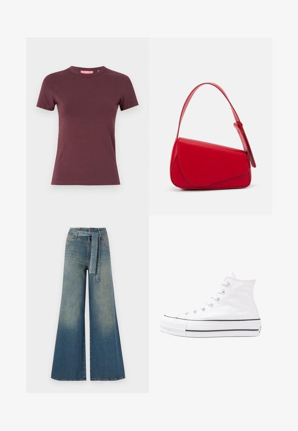 JJXX GIGI TEE - Basic T-shirt - sassafras; Wide-leg denim trousers featuring a light to dark blue gradient, high waist, belt loops, and a matching fabric belt. Textured denim finish.; White high-top canvas sneaker with black rubber sole, front rubber toe cap, and six eyelets for laces, featuring a clean, minimalist design.; Red leather handbag with an angular, geometric design. Features a single adjustable strap and a flap closure with stitched detailing.
