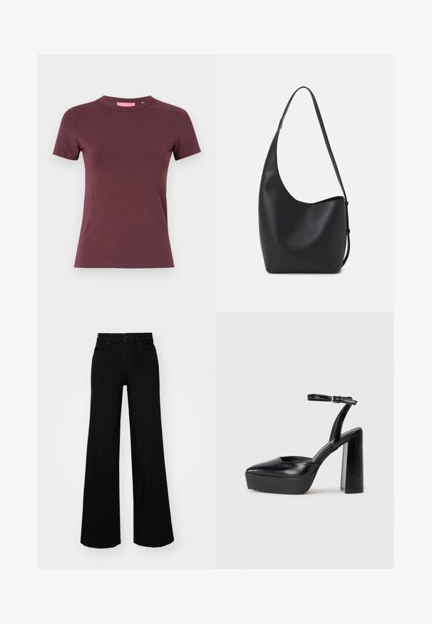 JJXX GIGI TEE - T-shirt básica - sassafras; Calças largas pretas em denim, com uma cintura estruturada, passantes para cinto e bolsos frontais. Textura suave com um design clássico.; Saltos altos pretos com bico fino e atilho ajustável no tornozelo. Confeccionados em couro suave, apresentam um salto bloco robusto.; Saco hobo preto em pele com uma textura lisa, forma curva e uma única alça ajustável; apresenta uma abertura larga na parte de cima.