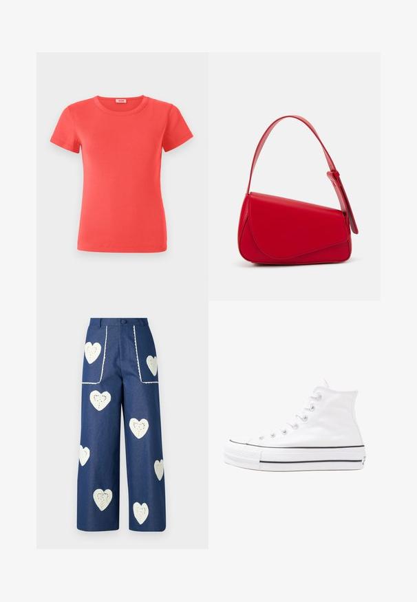 Camiseta de manga corta color coral hecha de tela acanalada. Presenta un cuello redondo clásico y una forma ajustada. Diseño simple sin patrones adicionales.; Sister Jane HEART TO HEART - Vaqueros rectos - blue denim; Zapatilla de lona alta blanca con suela de goma negra, puntera de goma frontal y seis ojetes para los cordones, que presenta un diseño limpio y minimalista.; Bolso de cuero rojo con un diseño angular y geométrico. Cuenta con una única correa ajustable y un cierre de solapa con detalles de costura.