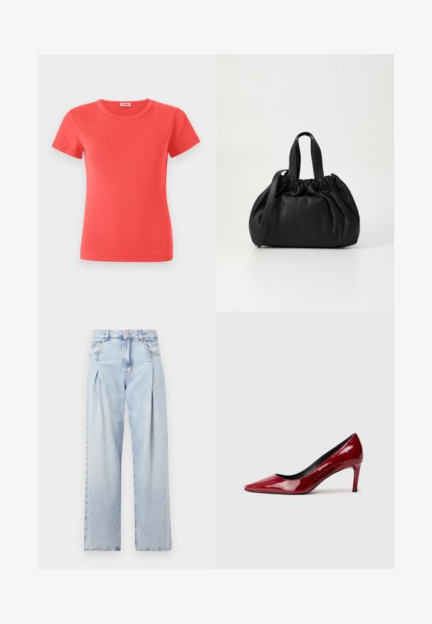 Korallenfarbenes T-Shirt mit kurzen Ärmeln aus Rippstoff. Verfügt über einen klassischen Rundhalsausschnitt und eine taillierte Form. Einfaches Design ohne zusätzliche Muster.; Helle blaue Denim-Jeans mit hoher Taille, weitem Beinschnitt, zwei seitlichen Taschen und gefaltetem Design. Weiche Textur mit einem ausgebleichten Finish.; Roter Lackleder-Hochschaftschuh mit spitzer Zehe und schlankem Absatz. Glatte Textur mit glänzender Oberfläche und schwarzem Innenfutter.; Schwarze Lederhandtasche mit einem gerafften Oberteil, ausgestattet mit zwei kurzen Griffen und einem langen verstellbaren Schulterriemen. Glatte Textur, runde Form.
