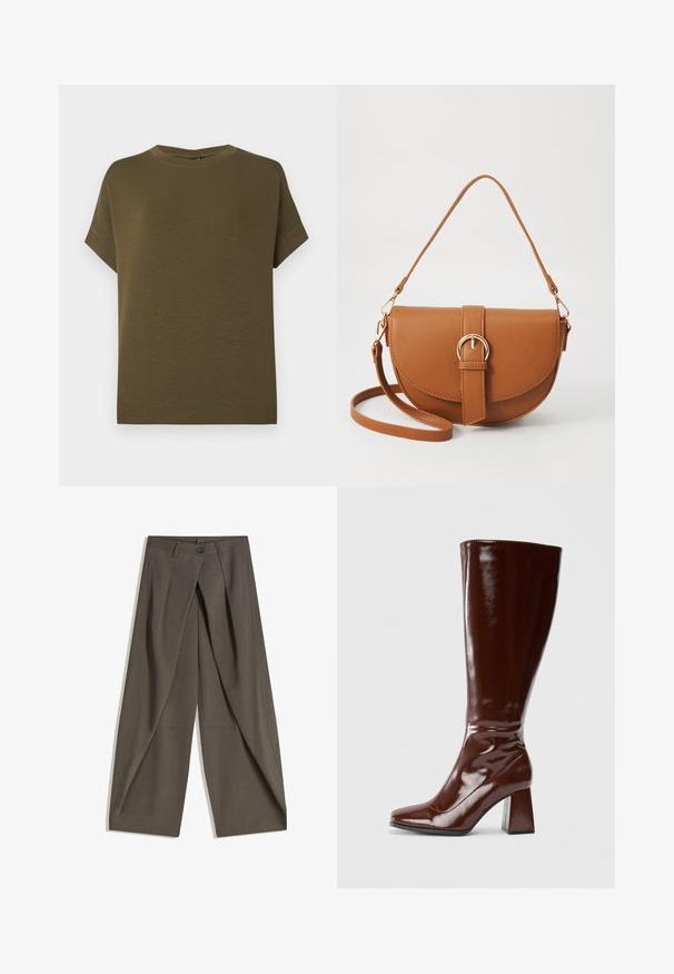 Olivengrünes T-Shirt mit kurzen Ärmeln aus weichem, strukturiertem Stoff. Mit einem Rundhalsausschnitt und einem geraden Saum ohne Verzierungen.; Laahustetut leveät housut tummasta harmaasta kankaasta. Varustettu etupleatilla, nappikiinnityksellä ja sivutaskuilla käytännöllisyyden vuoksi.; Knee-high ruskeat patenttisaappaat, joissa on neliön muotoinen kärki, kiiltävä pinta ja tukevat paksut korot. Saumaton muotoilu ilman näkyvää metalliosaa.; Ruskean nahkainen olkalaukku, jossa on kaareva muoto, kultaiset yksityiskohdat ja solkiyksityiskohta. Varustettu irrotettavalla olkahihnalla.