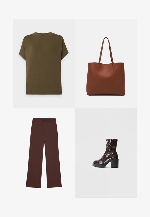 Olivovo zelené tričko s krátkym rukávom vyrobené z príjemného, textúrovaného materiálu. Má okrúhly výstrih a rovný spodný lem bez ozdôb.; Široké nohavice z bohatého hnedého materiálu. Majú zapínanie na gombík, dve predné vrecká, hladkú textúru a čisté línie.; Lesklé burgundské kotníkové boty s robustním černým podpatkem, s hladkou strukturou a jednoduchým designem. Bez viditelných zapínání nebo vzorů.; Hnedá kožená taška na rameno s hladkou textúrou, otvoreným vrchom a dvoma ramenými popruhmi. Má minimálne šitia a žiadne viditeľné kovania.