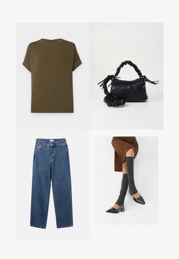 Olivovo zelené tričko s krátkym rukávom vyrobené z príjemného, textúrovaného materiálu. Má okrúhly výstrih a rovný spodný lem bez ozdôb.; Klasické modré džínsy z denimu so strihom rovného strihu, piatimi vreckami a zapínaním na gombík. Majú stredné praním a pevnú textúru.; Čierne lakované kožené topánky s špicatou špičkou, blokovým podpätkom a členkovým remienkom, ktoré sú kombinované so šedými rebrovanými legínami a hnedou zamšovou sukňou.; Čierna umelá kožená kabelka s kroko vzorom, sťahovaným vrchom a zhnutým popruhom. Vyzerá mäkko a kompaktné v dizajne.