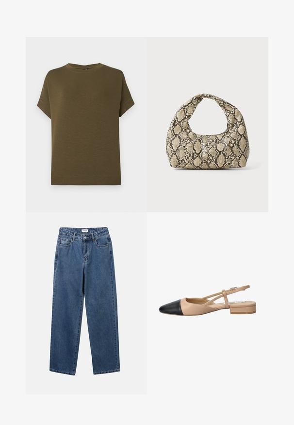 Olivenfarvet t-shirt med korte ærmer fremstillet af blødt, struktureret stof. Har en rund halsudskæring og en lige kant uden pynt.; Klassiske blå denimbukser med lige ben, fem lommer og knaplukning. Har en medium vask og en robust tekstur.; Beige og sort to-farvet slingback sko med spids tå, flad hæl og tværgående stropdetalje. Glat lædertekstur.; Slangeprint håndtaske med et buet håndtag. Lavet af strukturerede, beige og brune materialer, med et karakteristisk diamantmønster.