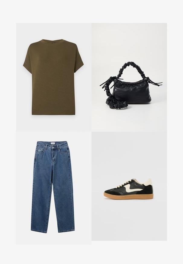 Olivinės spalvos trumpas rankovės marškinėliai, pagaminti iš minkštos, tekstūruotos medžiagos. Turi apvalų iškirpimą ir tiesų apatinį kraštą be papuošimų.; Klasikiniai mėlynos džinsinio audinio džinsai su tiesiomis kojomis, penkiomis kišenėmis ir mygtukų uždarymu. Pasižymi vidutiniu skalbimu ir tvirtu audiniu.; Juodos zomšo ir odos sportinės bateliai su kreminiu šoniniu swoosh ir šviesiai kreminiu kulnu. Ypatybės - smėlio spalvos raišteliai ir guminis padas.; Juodas dirbtinės odos rankinė su krokodilo tekstūra, sušnibždinta viršuje ir susikraipytu dirželiu. Atrodo minkšta ir kompaktiška.