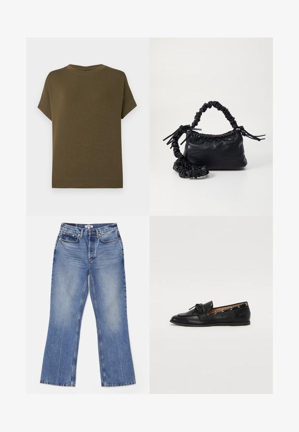 Olivinės spalvos trumpas rankovės marškinėliai, pagaminti iš minkštos, tekstūruotos medžiagos. Turi apvalų iškirpimą ir tiesų apatinį kraštą be papuošimų.; RE/DONE LOOSE - Šiek tiek platėjantys apačioje džinsai - hacienda; Juodi odiniai loafai su surišta mazgeliu, su auksinėmis akytėmis šoninėse dalyse ir plokščiu guminiu padu. Lygus paviršius, klasikinis dizainas.; Juodas dirbtinės odos rankinė su krokodilo tekstūra, sušnibždinta viršuje ir susikraipytu dirželiu. Atrodo minkšta ir kompaktiška.