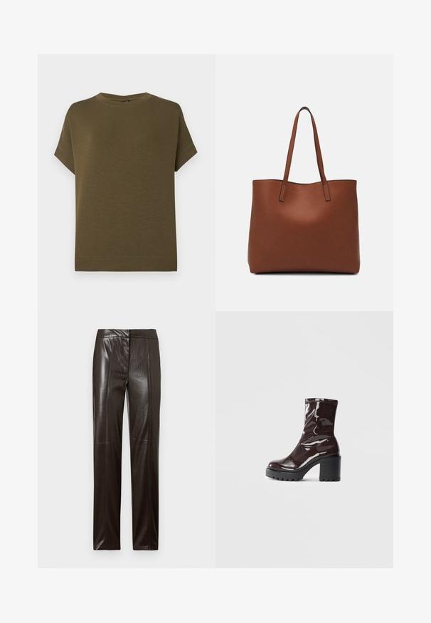 Olivenfarvet t-shirt med korte ærmer fremstillet af blødt, struktureret stof. Har en rund halsudskæring og en lige kant uden pynt.; Mørkebrune, lige læderbukser med en glat overflade og subtile sømdetaljer langs forsiden.; Glatte burgunder ankelstøvler med en chunky sort hæl, der har en glat tekstur og et simpelt design. Ingen synlige lukninger eller mønstre.; Brun læder tote taske med en glat overflade, åben topdesign og to skulderremme. Har minimal syning og ingen synlig hardware.