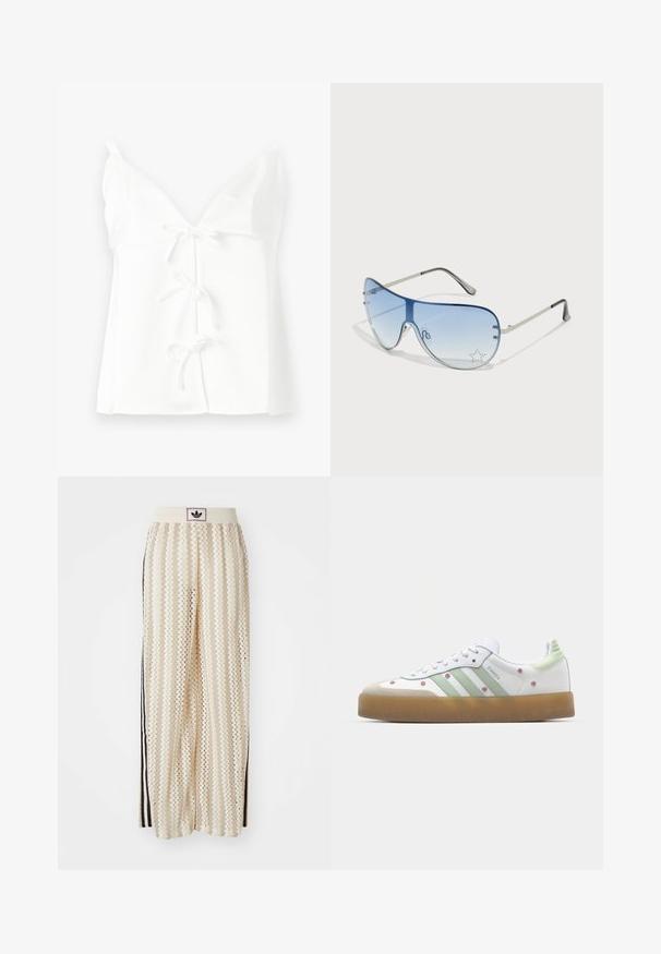 Weißes ärmelloses Oberteil mit tiefem V-Ausschnitt, ausgestattet mit drei vorderen Knotenschließungen und einer glatten, weichen Textur. Einfaches Design ohne Muster.; Cremfarbene, weit geschnittene Hosen mit einem Zickzackmuster, ausgestattet mit einem schwarzen Logo-Bund und seitlichen schwarzen Streifen. Leichter, strukturierter Stoff.; Weißer Sneaker mit grünen Akzenten, drei Streifen, floraler Stickerei und Gummisohle. Verfügt über eine abgerundete Zehenpartie und ein Schnürdesign.; Flugzeugbrille mit einem verlaufenden blauen Glase, silbernem Metallrahmen und dekorativen Sternelementen auf dem Glas. Glattes und elegantes Design.