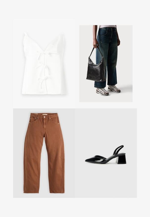 White sleeveless top with a deep V-neck, featuring three front tie closures and a smooth, soft texture. Simple design without patterns.; Rust brown straight-leg jeans with front and back pockets, metal rivets, button closure, and belt loops, laid flat on a white background.; Black patent leather slingback heels with a pointed toe and a geometric block heel. Features a sleek, minimal design and smooth texture.; Black leather shoulder bag with a smooth texture and adjustable strap, paired with faded wide-leg jeans and athletic sneakers.