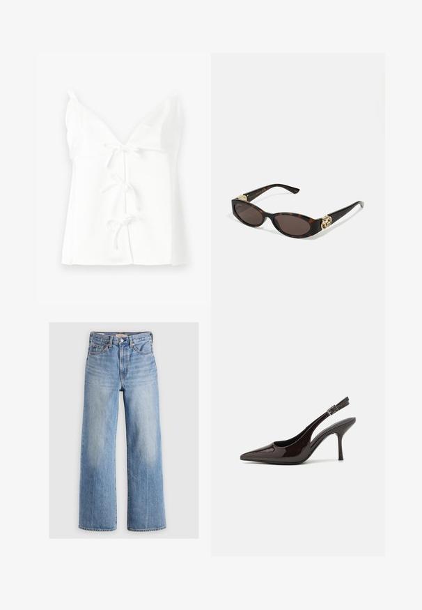 White sleeveless top with a deep V-neck, featuring three front tie closures and a smooth, soft texture. Simple design without patterns.; Light blue denim wide-leg jeans with a high waist, faded areas, five pockets, and contrast stitching. Classic button and zipper closure.; Slingback high-heeled shoe in glossy dark brown patent leather, pointed toe, open sides, and adjustable ankle strap.; Tortoiseshell sunglasses with elongated oval lenses, brown tint, gold logo accents on temples, and sleek black arms.; Gold swirl earrings with clear backing, featuring textured gold accents and small clear gemstones embedded in the design.