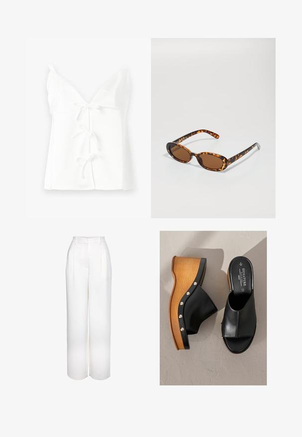 Weißes ärmelloses Oberteil mit tiefem V-Ausschnitt, ausgestattet mit drei vorderen Knotenschließungen und einer glatten, weichen Textur. Einfaches Design ohne Muster.; Helle weite Hose aus Polyester mit Falten und einem taillierten Bund mit Gürtelschlaufen. Glatte Textur und minimalistische Design-Details.; Schwarze Leder-Wedgesandalen mit einer holzähnlichen Plattform, silbernen Nieten entlang der Kante und einem offenen Zehendesign. Texturierte Sohle für besseren Halt.; Schildpatt-Sonnenbrille mit ovalen Rahmen, braunen Gläsern und schlanken schwarzen Bügeln mit subtilen Musterakzenten.; Braune Wildleder-Shopper-Tasche mit einer breiten, offenen Form, langen Griffen und dezenten Nähten entlang der Kanten. Keine sichtbaren Metallteile.; Goldfarbene Armspange mit glatter Außenseite und strukturierter Innenseite. Sie verfügt über ein breites, rundes Design mit einer offenen Aussparung auf einer Seite.