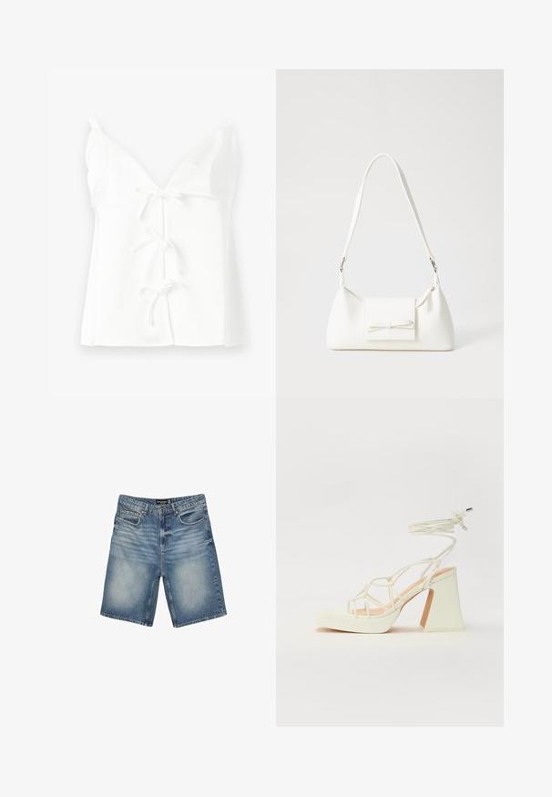Top bianco senza maniche con scollatura a V profonda, dotato di tre chiusure anteriori con lacci e una consistenza liscia e morbida. Design semplice senza motivi.; Shorts in denim blu chiaro, dotati di una vita con passanti per cintura, cinque tasche e una finitura leggermente sbiadita per un aspetto consumato.; Sandalo bianco con tacco alto, caratterizzato da un design a cinturini e un legaccio alla caviglia. Texture liscia con una piattaforma frontale per un'altezza aggiuntiva.; Borsa sintetica bianca a forma triangolare, con patta anteriore piatta e dettaglio a fiocco, tracolla regolabile, texture liscia e design minimalista.