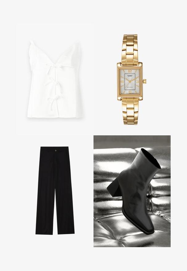 Biela bezrukávová blúzka s hlbokým V-výstrihom, obsahujúca tri predné zaväzovania a hladkú, jemnú textúru. Jednoduchý dizajn bez vzorov.; Široké čierne nohavice vyrobené z hladkej tkaniny, so šikmými prednými vreckami a gombíkovým zapínaním v páse. Minimalistický dizajn bez vzorov.; Čierne členkové topánky vyrobené z lesklého materiálu so štvorcovou špičkou a zúženým podpätkom, na lesklom striebornom podklade s vystuženým vzorom.; Zlatý obdĺžnikový náramkový hodinky s bielym ciferníkom, striebornými indexmi a odolným kovovým náramkom. Obsahuje vodoodolnú funkciu.