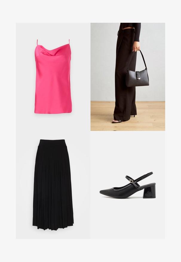 Hladký, bezrukávový top z fuchsiového saténu s volným výstrihom a tenkými ramienkami. Hladká textúra s jemným padaním, so rovným lemom na spodnej časti.; Čierna plisovaná sukňa s vysokým, elastickým pásom. Vyrobená z mäkkej látky, pričom má vertikálne plisovanie pre plynulý siluetu.; Čierne lakované kožené lodičky so slingback dizajnom, špicatou špičkou, zaobleným výrezom a blokovým podpätkom. Obsahuje akcent zlatého tónu s prackou.; Čierna kabelka so štruktúrovaným tvarom, hladkou textúrou a kovovou sponou. V kombinácii so širokými čiernymi nohavicami a sandálmi s otvorenou špičkou na drevenej podlahe.