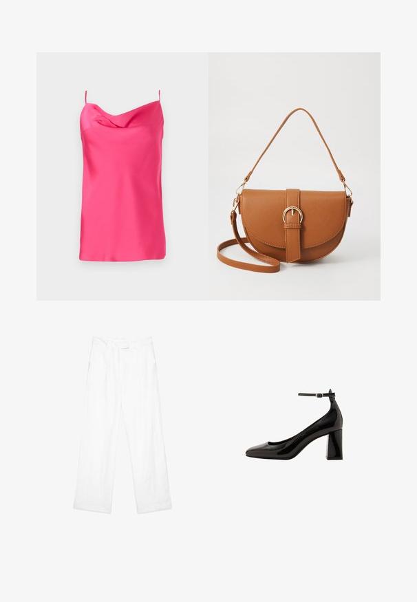 Sleeveless, fuchsia satin top with a cowl neckline and thin straps. Smooth texture with a soft drape, featuring a straight hem at the bottom.; White linen trousers with a loose fit, featuring a straight leg design, front pockets, and a flat waistband. Smooth texture throughout.; Black patent leather ankle strap pump with a glossy finish, pointed toe, and a thick block heel. Smooth texture, minimal detailing.; Brown leather crossbody bag with a curved shape, gold hardware, and a buckle accent. Features a detachable shoulder strap.