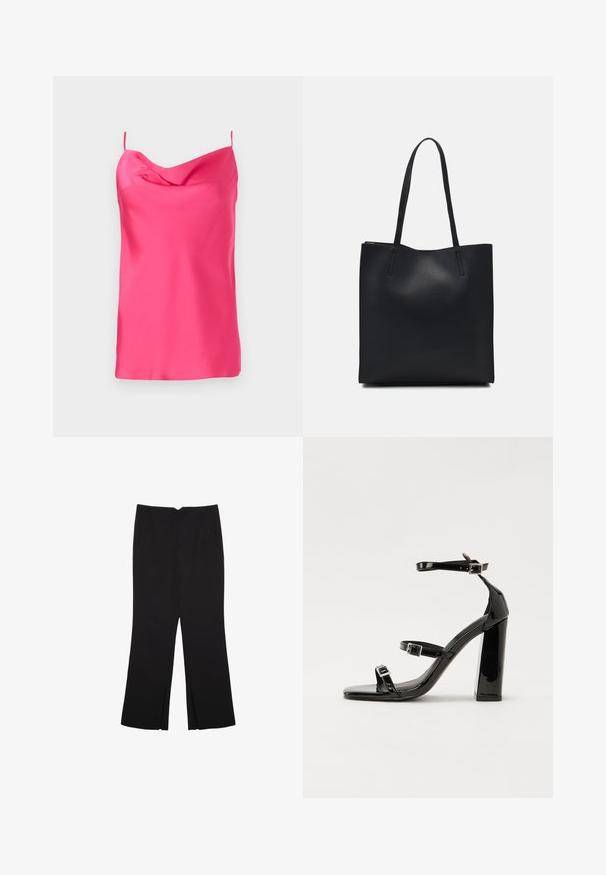 Satin top brez rokavov v fuksija barvi z oblekastim izrezom in tankimi naramnicami. Gladka tekstura s mehkim padanjem, ki ima ravno dno.; Črne hlače ravnega kroja z naglavnimi žepi in stranskimi razporki na robu. Narejene iz mehke, gladke tkanine. Primerne za različne priložnosti.; Črne lakirane sandale s peto, kvadratnim prstom, trakovi okrog gležnja in srebrnimi zaponkami. Opremljene so s stabilno Debelo peto.; Črna usnjena torba s svilnato teksturo, pravokotne oblike in dvema dolgima ročajema. Brez vidnih metalnih delov ali okrasnih elementov.
