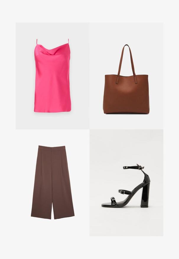 Satin top brez rokavov v fuksija barvi z oblekastim izrezom in tankimi naramnicami. Gladka tekstura s mehkim padanjem, ki ima ravno dno.; Rjave široke hlače z gladko teksturo, ki imajo visok pas in sprednje naborke. Tkanina je lahka in prosto pada.; Črne lakirane sandale s peto, kvadratnim prstom, trakovi okrog gležnja in srebrnimi zaponkami. Opremljene so s stabilno Debelo peto.; Rjava usnjena torba z gladko teksturo, odprto zasnovo zgoraj in dvema naramnima trakovoma. Opremljena je z minimalnim šivanjem in brez vidnih kovinskih delov.