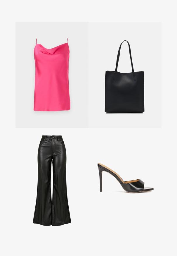Ärmlös, fuchsia satintopp med en cowl-krage och tunna remmar. Slät textur med mjuk drapering, med en rak fåll i botten.; Svarta läderbyxor med vida ben och slät textur, med hög midja, knappstängning och framfickor. Bred bendesign och polerad finish.; Svarta öppna klackmules i glansigt läder med en avsmalnande blockklack och ett mjukt, böjt band över vristen.; Svart lädertoffelväska med slät textur, rektangulär form och två långa handtag. Ingen synlig hårdvara eller dekorationer.